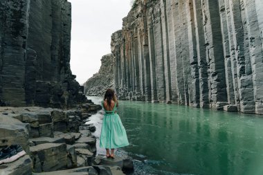 İzlanda, Studlagil Kanyonu 'ndan geçen Yeşil Nehir. Yüksek kalite fotoğraf