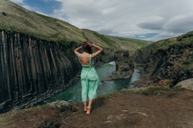 İzlanda, Studlagil Kanyonu 'ndan geçen Yeşil Nehir. Yüksek kalite fotoğraf
