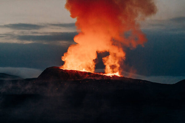 Fagradalsfjall, Iceland - June, 2021: volcano eruption near Reykjavik, Iceland. High quality photo