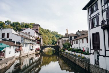 Nive Nehri üzerindeki Saint Jean Pied de Port Köprüsü, Pays Bask, Fransa. Yüksek kalite fotoğraf