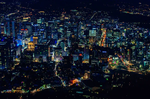 Vista Aérea Panorâmica Alto Ângulo Centro Cidade Seul Noite Coreia — Fotografia de Stock