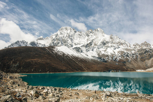 Beautiful mountain view with reflection in Gokyo Lake, Himalayas, Nepal.