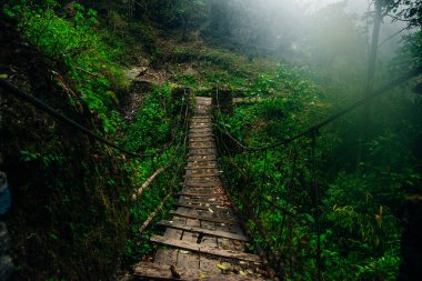 Nepal 'deki Annapurna gezisinde Budist dua bayraklarıyla asma köprü. Yüksek kalite fotoğraf