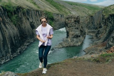 İzlanda, Studlagil Kanyonu 'ndan geçen Yeşil Nehir. Yüksek kalite fotoğraf