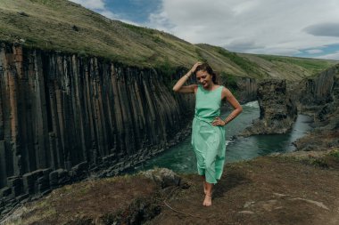 İzlanda, Studlagil Kanyonu 'ndan geçen Yeşil Nehir. Yüksek kalite fotoğraf