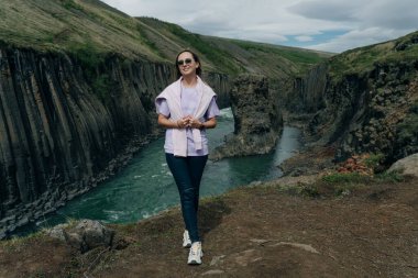 İzlanda, Studlagil Kanyonu 'ndan geçen Yeşil Nehir. Yüksek kalite fotoğraf