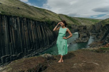 İzlanda, Studlagil Kanyonu 'ndan geçen Yeşil Nehir. Yüksek kalite fotoğraf