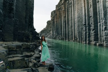 İzlanda, Studlagil Kanyonu 'ndan geçen Yeşil Nehir. Yüksek kalite fotoğraf