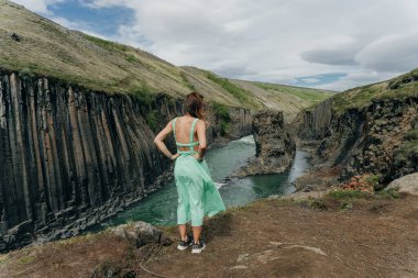 İzlanda, Studlagil Kanyonu 'ndan geçen Yeşil Nehir. Yüksek kalite fotoğraf