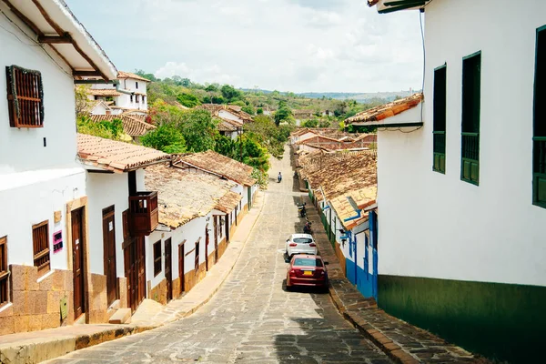 Barichara, Colombia - July 04, 2020: Cobblestone streets in Barichara