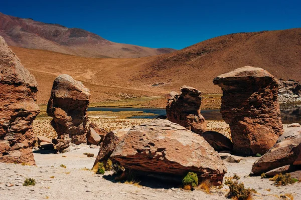 Çöl sabahında Bolivya 'da kızıl kaya oluşumları.