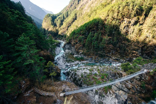 Nepal 'deki Annapurna gezisinde Budist dua bayraklarıyla asma köprü. Yüksek kalite fotoğraf