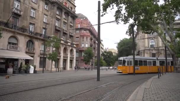 Budapeşte Macaristan Kasım 2021 Budapeşte Tuna Nehri Kıyısı Sarı Tramvay — Stok video