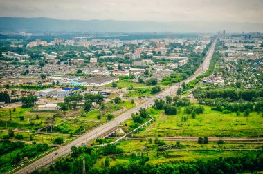 aerial view of road through the fields. High quality photo