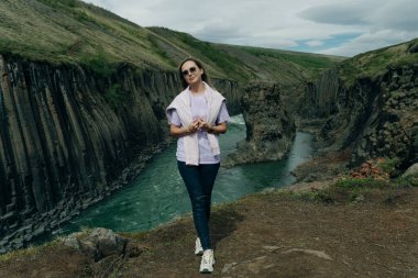 İzlanda, Studlagil Kanyonu 'ndan geçen Yeşil Nehir. Yüksek kalite fotoğraf