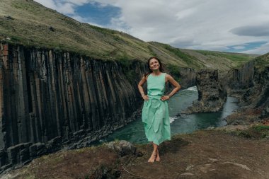 İzlanda, Studlagil Kanyonu 'ndan geçen Yeşil Nehir. Yüksek kalite fotoğraf