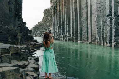 İzlanda, Studlagil Kanyonu 'ndan geçen Yeşil Nehir. Yüksek kalite fotoğraf