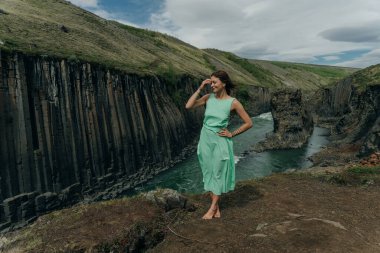 İzlanda, Studlagil Kanyonu 'ndan geçen Yeşil Nehir. Yüksek kalite fotoğraf