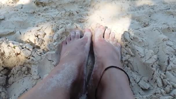 Weiblich Gebräunte Beine Vor Dem Hintergrund Von Sand Und Wellen — Stockvideo