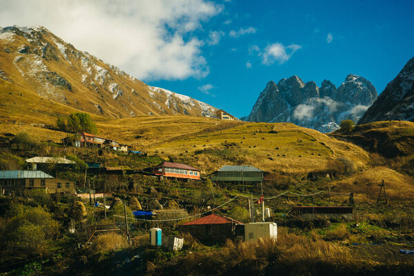 Panoramic landscape view of beautiful Caucasus mountains, Kazbegi, Country of Georgia. High quality photo