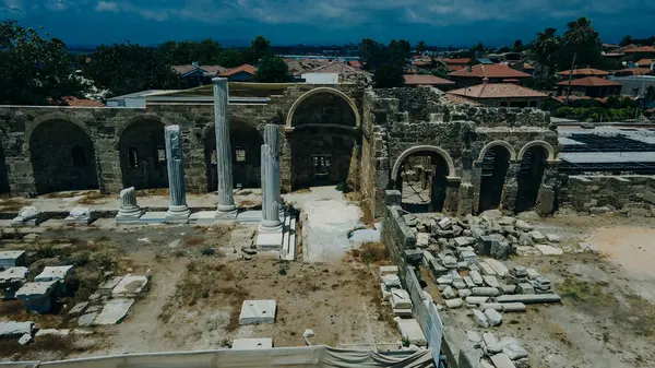 aerial view of Ruins of the Temple of Apollo in Side in a beautiful summer day, Antalya, Turkey. High quality photo