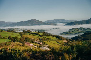 Dağ vadisindeki köy ve yol. Pireneler. Camino de Santiago manzarası. - Evet. Yüksek kalite fotoğraf