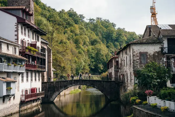 Nive Nehri üzerindeki Saint Jean Pied de Port Köprüsü, Pays Bask, Fransa. Yüksek kalite fotoğraf