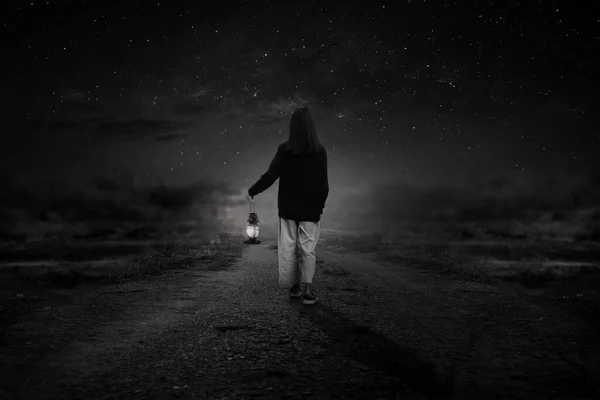 Black White Picture Young Woman Walking Alone Lantern Path Alone — Φωτογραφία Αρχείου