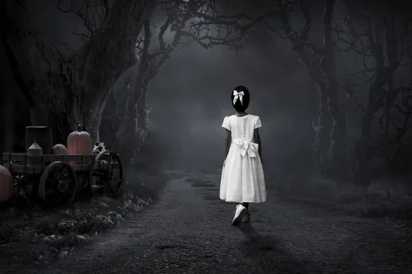 Black White Portrait Young Girl Wandering Alone Forest Night — Foto de Stock
