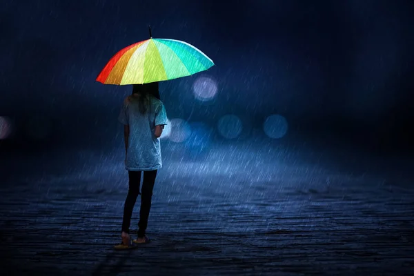 A young girl walks with an umbrella in the rain alone on the streets at night.