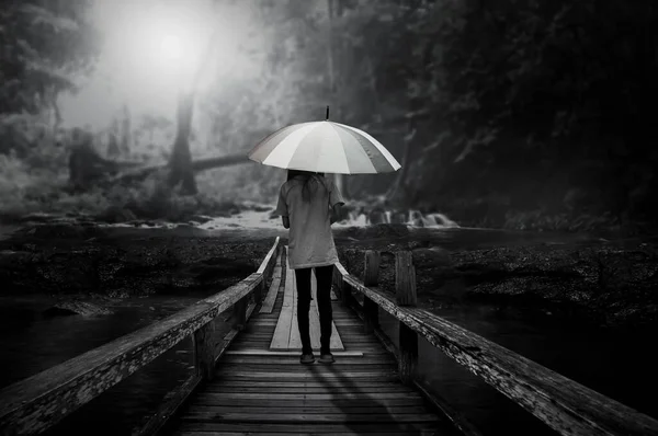 A black and white picture of a young girl with an umbrella walking across a bridge in the woods in the lonely night.
