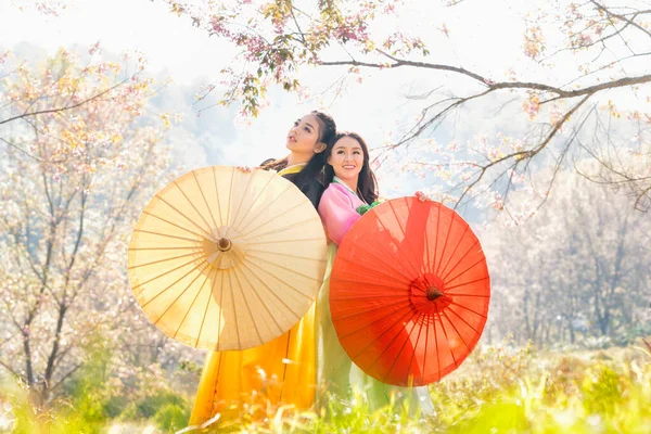 Две Корейки Одетые Ханбок Красным Зонтиком Красивая Женщина Носит Традиционный — стоковое фото