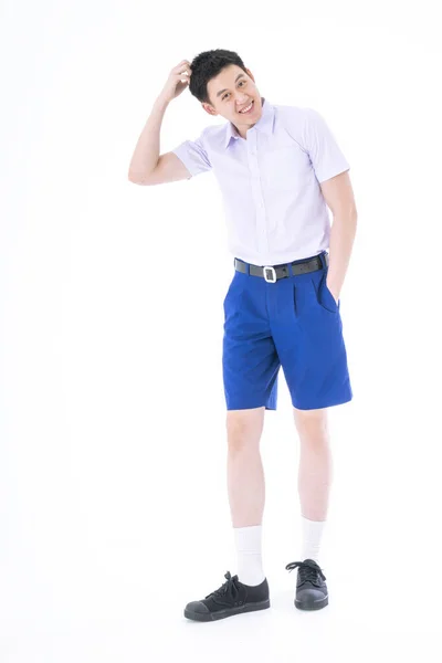 Estudantes Confusos Coçar Cabeça Jovens Que Usam Uniformes Liceu Rapaz — Fotografia de Stock