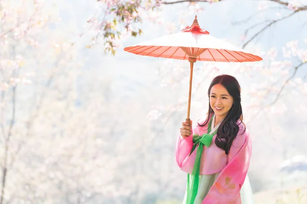 Jovem Mulher Vestindo Hanbok Trajes Nacionais Coreanos Atrações Turísticas Famosas — Fotografia de Stock