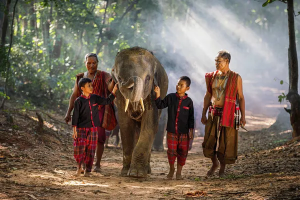 Mahout Család Elefántpásztorok Thaiföld Elefánt Falujában — Stock Fotó