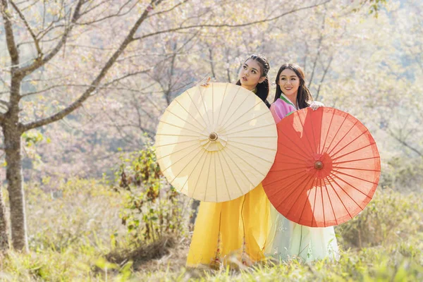 Asiática Mulher Turistas Menina Bonita Vestindo Tradicional Hanbok Coreano Com — Fotografia de Stock