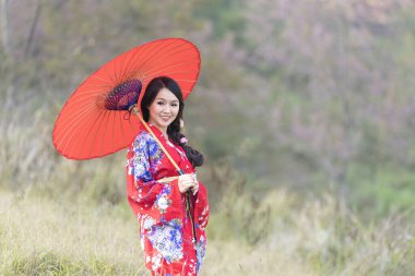 Kimono ve sakura çiçekleri giyen çekici Asyalı kadın. Sakura bitkisiyle geleneksel kimono giyen Asyalı Japon kadın..
