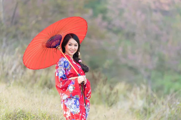 Atrakcyjna Azjatka Ubrana Kimono Kwiaty Sakury Azji Japoński Kobieta Noszenie — Zdjęcie stockowe