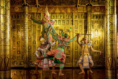 Maskeli dev dans eden khon ramayana khon Ravana. Geleneksel antik ve klasik dans gelenekleri, edebiyat ve sanat gelenekleri
