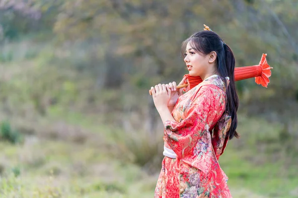 Asiática Mulher Turistas Menina Japonesa Vestindo Quimono Segurando Guarda Chuva — Fotografia de Stock
