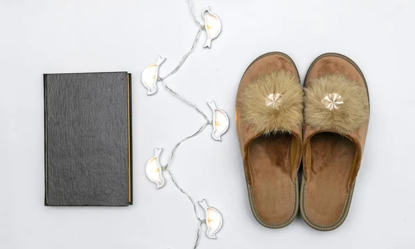 Cozy Home Accessories Warm Velvet Slippers Book — Stock Photo, Image