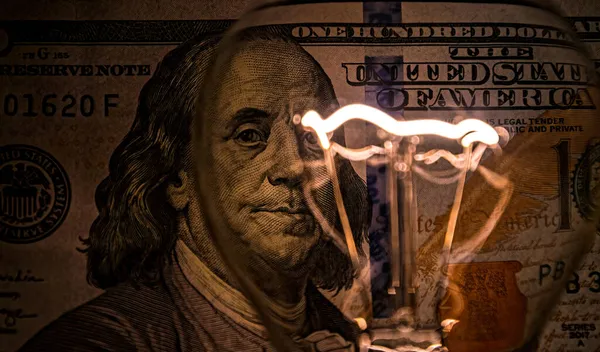 Rising Electricity Prices Old Light Bulb Dollar Bills — Stock Photo, Image