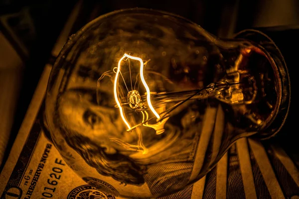 Rising Electricity Prices Old Light Bulb Dollar Bills — Stock Photo, Image