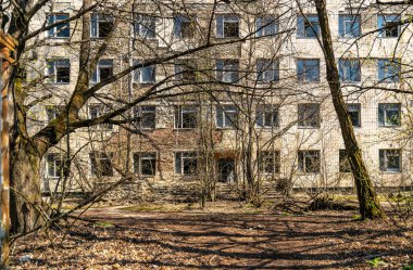 Pripyat 'ın terk edilmiş hayalet kasabasının sokağı. Çernobil nükleer felaketinin yasak bölgesindeki ağaçlar ve yıkılan evler.