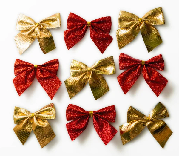 Red Golden Shiny Festive Bow Isolated White Background — Zdjęcie stockowe