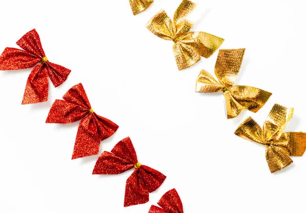 Red Golden Shiny Festive Bow Isolated White Background — Zdjęcie stockowe