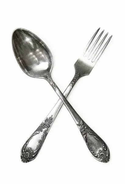Set Vintage Silver Spoons Forks Isolated White Background — Stock Photo, Image
