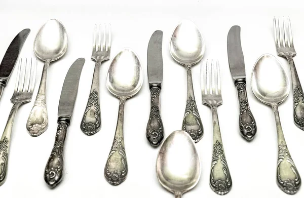 Set Vintage Silver Spoons Forks Isolated White Background — Stock Photo, Image