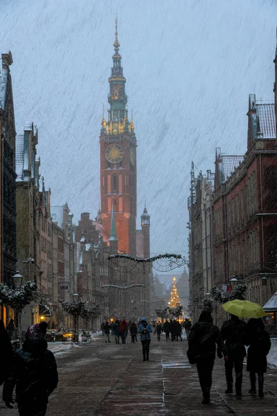 City Hall Gdansk Winter Snow Covered Historic Street — Stock Photo, Image