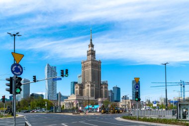 Warsaw, Poland - May 01, 2022: Downtown cityscape in Warsaw. Famous building of the Palace of Culture and Science and skyscrapers
